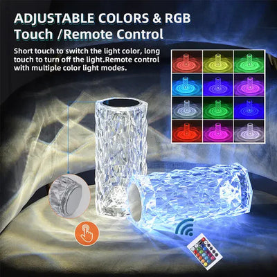 16 Colors Diamond Rose Crystal Touch Lamp. Usb Rechargeable Table Lamp - With Remote